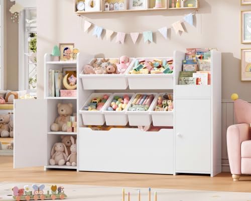 55'' Toy Storage Organizer & Kids Bookshelf with Large Wood Toy Chest,White by HIFIT