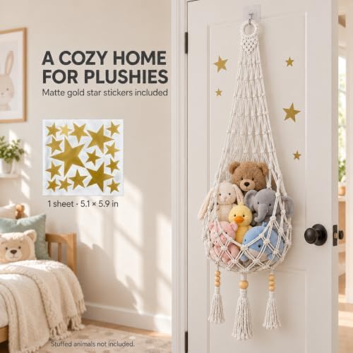 Stuffed Animal Hammock, 5 FT Boho Macrame Toy Storage Net with Wall & Adhesive Hooks, Cotton Plush Toy Organizer for Nursery, Kids Room, Playroom, Cream - Image 7