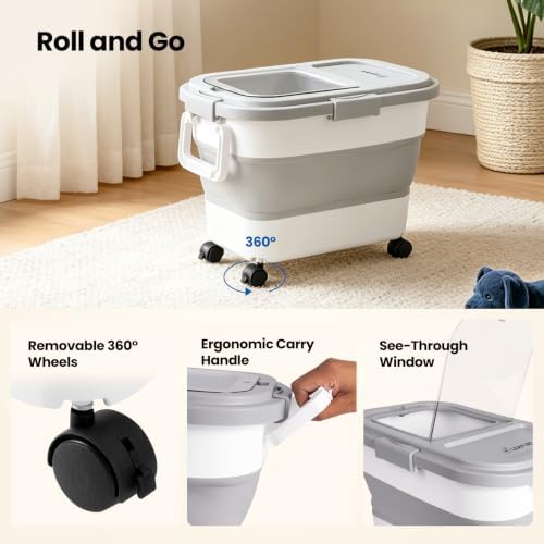 Dog Food Storage Container 15-25lbs, Airtight Pet Food Bin with Locking Lid & Clear Window, Collapsible Rolling Storage Container with Wheels & Scoop, Gray - Image 6