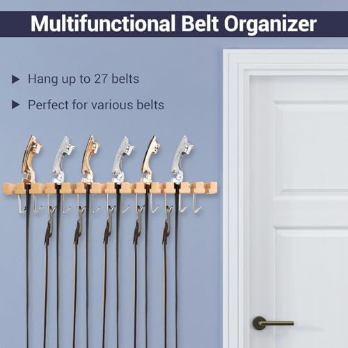 Ohuhu 2 in 1 Belt Hanger for Closet, 14 Slots 13 Hooks Wooden Organizer - Image 3