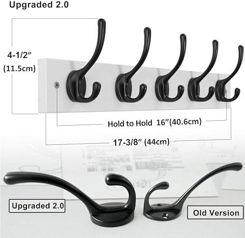 Dseap Wall Mounted Coat Rack: 16" Hole to Hole, Coat Hook Hanger with 5 Metal Hooks for Hanging Coats Towels Hats Clothes, White & Black - Image 6
