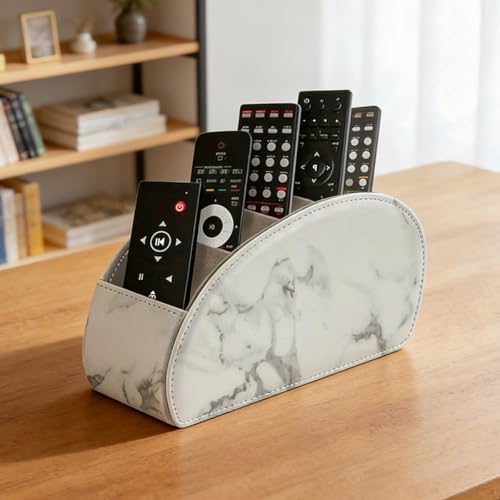 Remote Control Holder with 5 Compartments – [Upgrade Version] PU Leather Remote Caddy Desktop Organizer Store TV, DVD, Blu-Ray, Media Player, Smart Phones, Heater Controllers(Marble white) by WAYIFON
