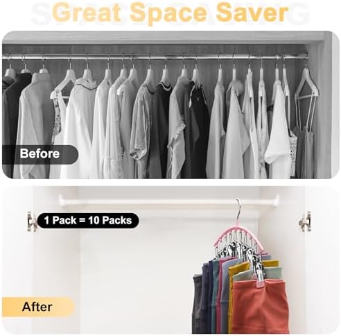 Metal Yoga Pants Hangers 1 Pack w/10 Clips Holds 10 Leggings, Space Saving Hanging Closet Organizer w/Rubber Coated Closet Organizers and Storage, Pink - Image 2