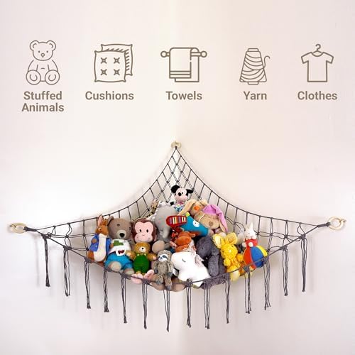 ABBY BABY Large Stuffed Animal Hammock Corner - Stuffed Animal Storage - 100% Natural Cotton Macrame Stuffed Animal Net - Stuff Animal Organizer - Net for Stuffed Animals Corner Large-Gray - Image 6