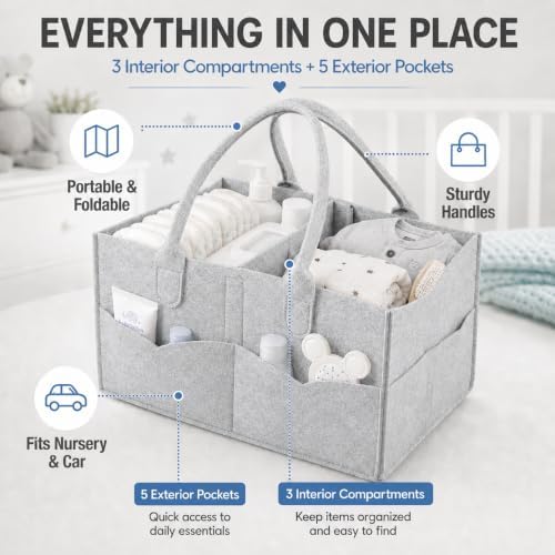PandaEar Baby Diaper Caddy Organizer, Portable Diaper Holder Organizer Nursery Storage Basket for Wipes & baby stuff, Collapsible Baby Organizer with Divided Design (Grey) - Image 7