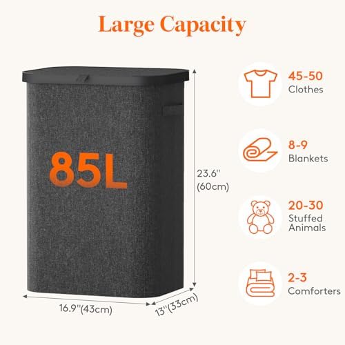 Lifewit 85L Large Laundry Hamper with Lid, Removable Inner Bag, Dark Gray - Image 3