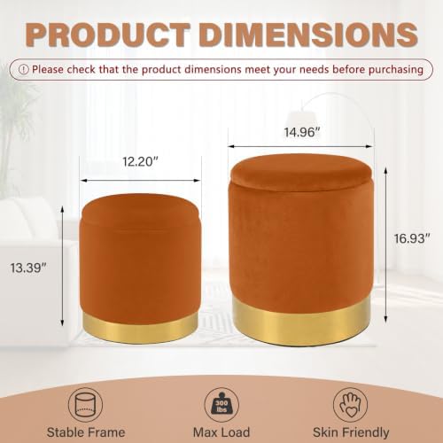 Round Ottoman with Storage Set of 2, Vanity Foot Stool with Storage, Nesting Upholstered Small Ottoman Foot Rest with Gold Plating Base for Room, Bedroom, Dorm, Orange Velvet Ottomans - Image 2