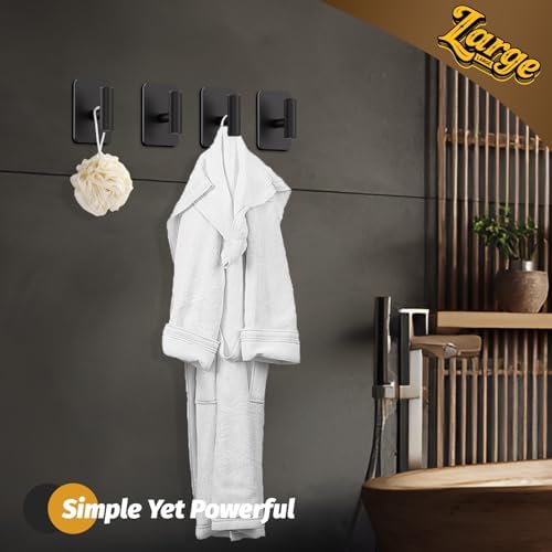 6 Pack Heavy Duty Adhesive Hooks - 26lb Max, Sticky Wall Hooks Waterproof Stainless Steel for Hanging Towel, Coat, Robe, Towel Hooks Stick on Bathroom, Kitchen, Shower, Door - Black - Image 2