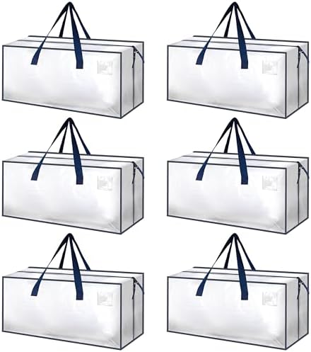 HealSmart 6 Pack Extra Large Moving Bags with Zippers & Carrying Handles, Heavy-Duty Storage Tote Moving Boxes for Dorm Room Essentials Storage Bags, Clear by HealSmart
