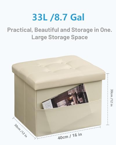AmasSmile Ottoman with Storage,16" Folding Leather Foot Rest Chest,Beige - Image 3