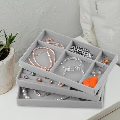 Jewelry Trays,Grey Velvet Stackable Organizer Trays,Drawer Inserts Jewelry Display Case For Rings Stud Necklaces Earring Organizer Tray for Women Girls-8 Pack - Image 2