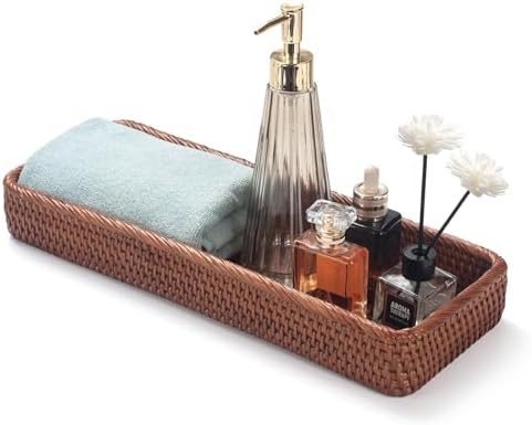 Rattan Bathroom Vanity Trays Toilet Tank Baskets Long Narrow Hand Towel Storage Basket for Storage, Decorative (Honey Brown 16.3 x 6.1 x 2 inch) by DECRAFTS