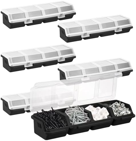 YEXEXINM 6Pcs Screw Organizers Storage Bins with Lids, Plastic Stackable Hardware Organizer Box for Garage Nails Craft Tool Organizing, Tool Cart Cabinet Workbench Drawers (Black) by YEXEXINM