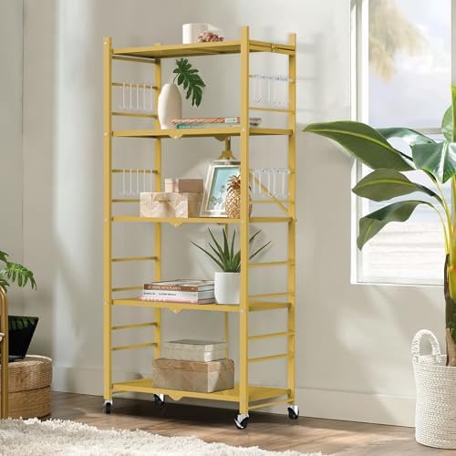 Himix 5-Tier Foldable Storage Shelves with 20 Hooks Wheels Bookshelf Gold - Image 2
