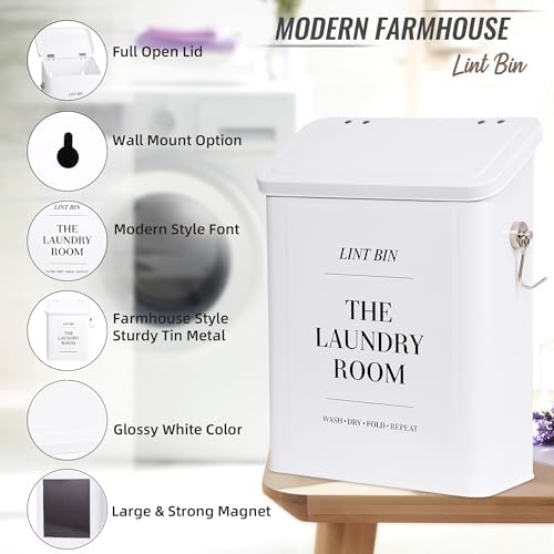 Magnetic Lint Bin for Laundry Room with Lint Brush and Magnetic Hook, Wall Mounted Lint Box with Lid, Farmhouse Laundry Room Decor - Image 2