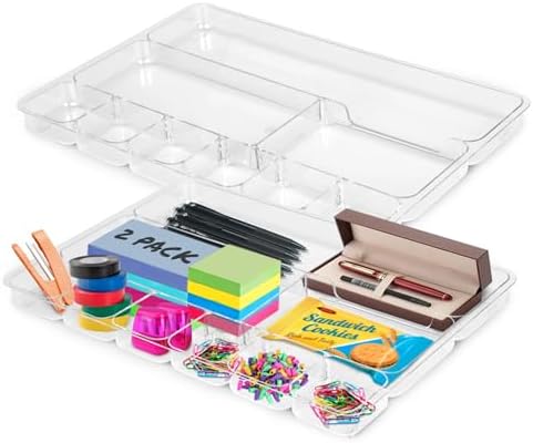 Manaloom Desk Drawer Organizer Tray with 9 Storage Compartments - For Home and Office - Drawer Organizers Office, Perfect Organizing Pens, Pencils, Paper Clips, Sticky Notes - Clear - 2 Pack by Manaloom