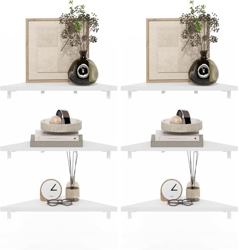 Furinno Rossi Triangle Corner Floating Shelves, Wall Mount Display Shelf, White, Set of 3 (Pack of 2) by Furinno-FitsYourSpaceFitsYourBudget