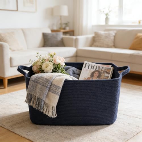65L Large Laundry Basket with Handles,Woven Blanket Basket,Navy - Image 4