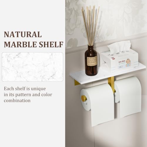 BWE Toilet Paper Holder with Marble Shelf, Toilet Paper Roll Holder Wall Mounted, Toilet Paper Roll Holder with Phone Shelf 304 Stainless Steel Tissue Holder for Bathroom Washroom (Double Gold) - Image 7