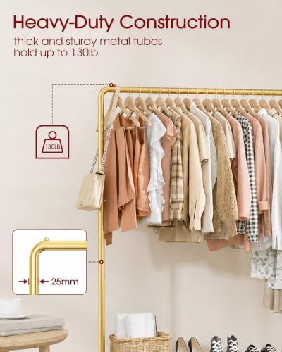 Sakugi Clothes Rack - Clothing Rack with Storage Mesh Shelf & Casters, Heavy-Duty Metal Clothing Rack for Hanging Clothes, Dresses, Coats, Large Load Capacity, Easy Assembly, Gold, 44.3"x16.9"x59.0" - Image 3