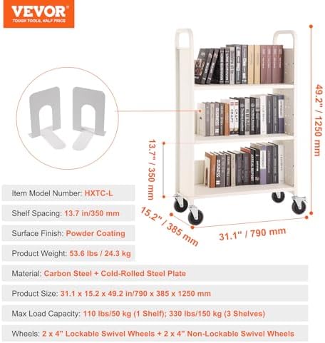 VEVOR Book Cart, 330 lbs Library Cart, 31.1" x 15.2" x 49.2" Rolling Book Cart, Single Sided L-Shaped Flat Shelves with 4-Inch Lockable Wheels for Home Shelves Office and School, Book Truck in Cream - Image 3