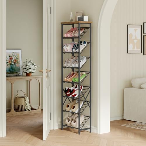 YATINEY 8-Tier Tall Shoes Rack, Slim Shoe Organizer for Entryway, Large-Capacity Thin Shoe Rack for Closet, Narrow Shoe Storage Shelf Holds 8-16 Pairs, Space Saving, Black and Rustic Brown SS18BR - Image 2