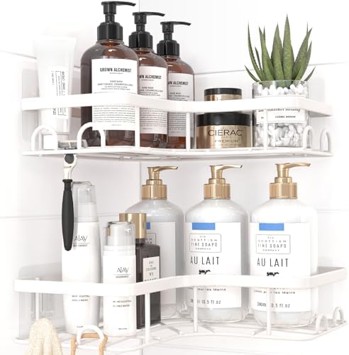 Sakugi Corner Shower Caddy - 2 Pack, Adhesive Shower Organizers, Rustproof Stainless Steel Shower Shelves with 8 Hooks, No Drilling Bathroom Organizers and Storage Racks, Space-Saving, White, Medium by Sakugi