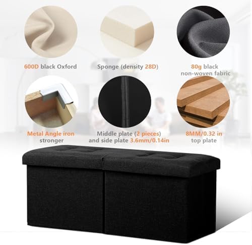 AmasSmile Footrest Ottoman Storage Bench, 34" Linen Folding Chest, Black - Image 3