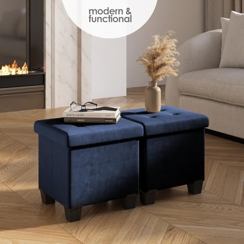 Storage Ottoman Cube with Small Bin, 15-in Square Ottoman with Storage for Living Room and Bedroom, Small Ottomans Foot Rest, Velvet Foot Stools Ottomans Max 330lbs, Blue - Image 2
