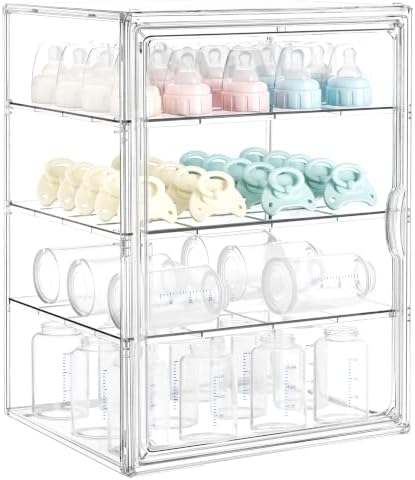 HBlife Baby Bottle Storage Organizer for Countertop Cabinet, 4 Tiers Adjustable Clear Acrylic Bottles Storage Station Case Box Container with 3 Removable Dividers and Magnetic Door, X-Large by HBlife
