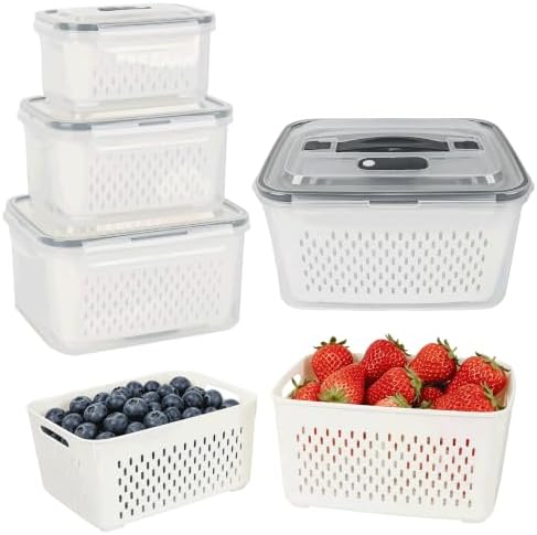 KUK 4 Pack Fruit Storage Containers for Fridge, Leakproof Food Containers with Removable Colander, Fruit Containers for Fridge BPA Free Produce Containers Keep Vegetables Berry Meat Fresh Longer by KUK