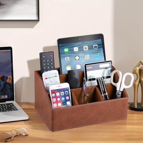 PU Leather Desk Organizer, Remote Control Holder (Brown) - Image 3