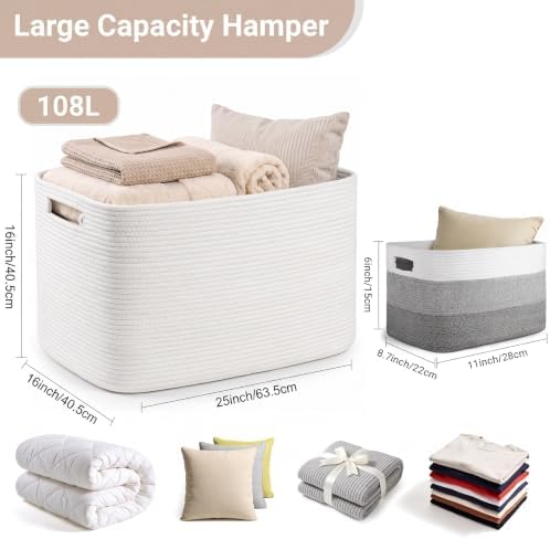 Large Laundry Baskets/Hamper, 25”x16”x16” Rectangle Woven Baskets for Toy Storage, Baby Blanket Basket in Living Room,Shelf Basket With Handle,Large White - Image 2