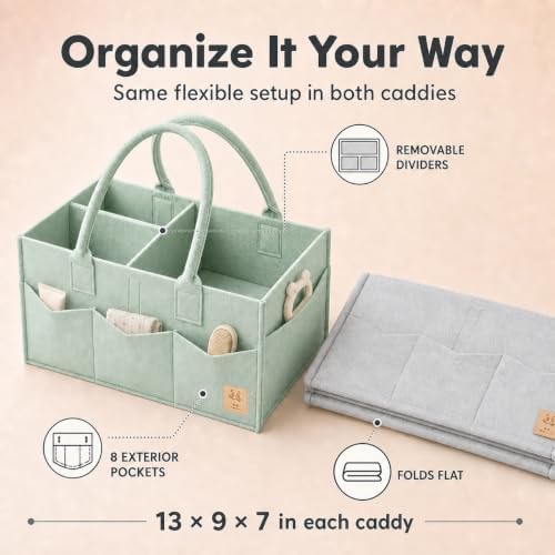 HIPHOP PANDA 2-Pack Diaper Caddy Organizer - Nursery Storage Bin & Car Organizer for Diapers, Wipes, and Baby Essentials - Dual-Color Solid Set (Grey/Green), Regular Size - Image 3