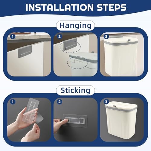 3 Pack Hanging Trash Can with Lid, 10L/2.6 Kitchen Compost Bin for Counter Top or Under Sink, Small Plastic Waste Basket Wall Mounted Garbage Can for Cupboard/Bathroom/Bedroom/Office/Camping (White) - Image 7
