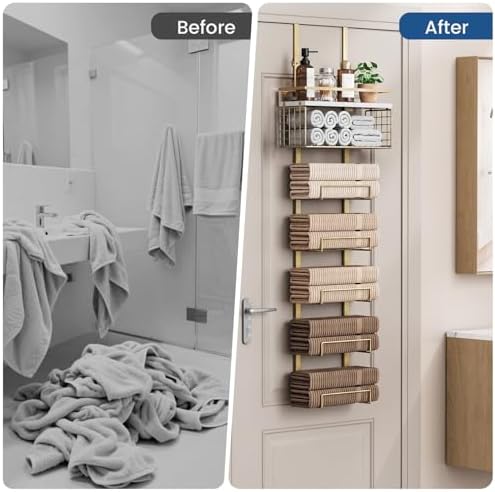 Aetyord Towel Racks for Bathroom Over The Door Towel Racks Towel Storage Organizer with Metal Shelf Basket for Bathroom Rv Camper (7-Tier Gold) - Image 5
