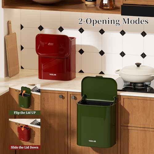 Hanging Stainless Steel Trash Can, 1.6 Gallon /6L Small Compost Bin for Kitchen Cabinet, Bathroom and Office (Red) - Image 3
