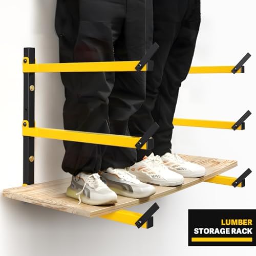 GREENER Lumber Storage Rack Folding Wood Storage Racks Wall-Mounted Metal Racks for Storage with 3-Level Heavy Duty Garage Wood Organizer for Woodworking Shop Indoor & Outdoor Use, 4 pairs,Yellow - Image 4