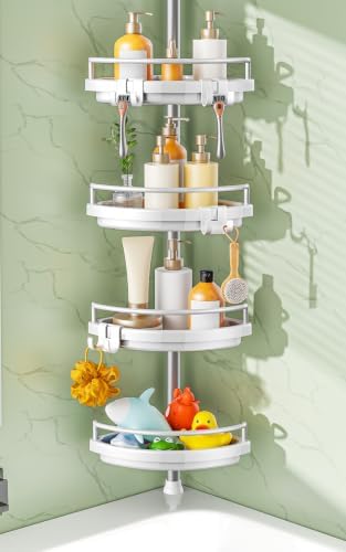 HAMITOR Corner Shower Caddy Tension Pole: Adjustable Stainless Steel Shower Organizer with 4 Tier Shelf for Bathroom Bathtub Tub Shampoo - Floor Standing Rack Bath Storage Holder with Rust Proof Rods by HAMITOR