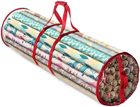 ZOBER Round Christmas Gift Wrapping Paper Organizer Storage - 40 Inch Gift Wrap Storage Containers - Wrapping Paper Holder, Clear PVC Waterproof, Fits 25 Standard Rolls - Red by ZOBER