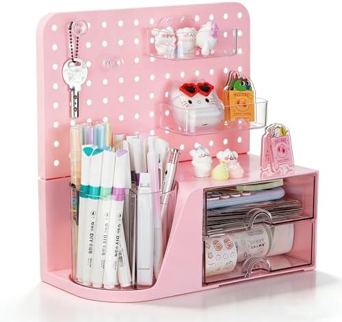 Comix Desk Organizer with 2 Drawer, Pink 360° Rotating Pen Holder for Desk by Comix