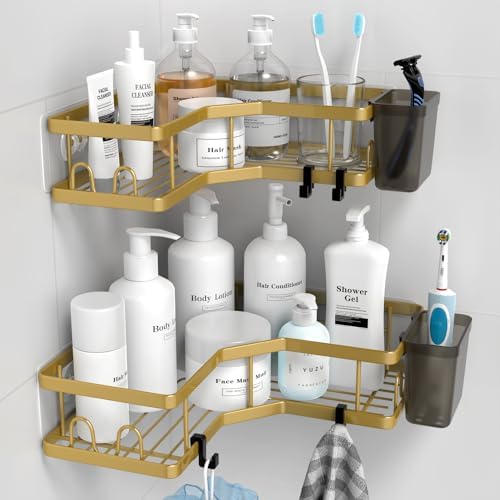AKTECKE Corner Shower Caddy Organizer Shelf: 2Pack Adhesive Shower Rack, No Drilling Stainless Steel Shower Storage Shelves for Bathroom Kitchen (Gold) by AKTECKE