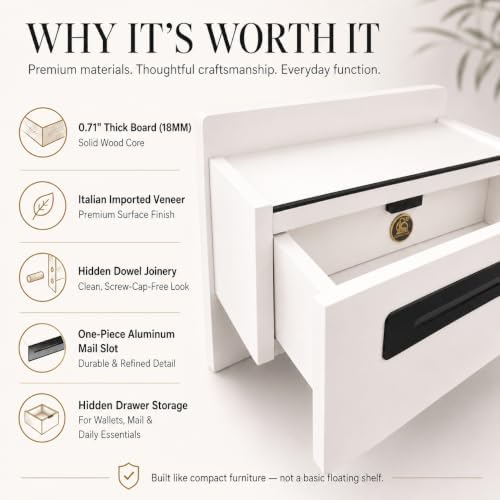 Wall Mounted Entryway Organizer with Drawer, Storage Shelf, Light and Coat Hooks, Entryway Drop Zone for Keys, Mail and Bags, Matte Warm White - Image 3