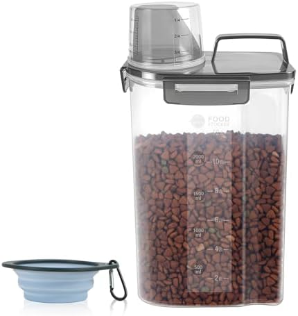 3-5Lbs Small Dog Cat Food Storage Container With Foldable Bowl-Clear Black by LEAWALK