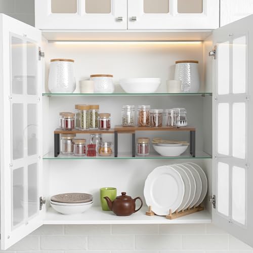 NEX Cabinet Organizer Shelf, Set of 2 Kitchen Counter Shelves, Spice Rack, Stackable Kitchen Shelves Organizer, Pantry Cupboard Dish Mug Cup Storage Shelf, Black and Brown - Image 2