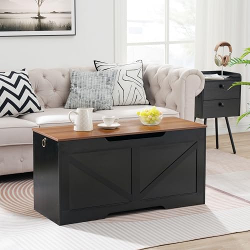 HOOBRO Storage Bench, 39.4" Retro Wooden Storage Chest with U-Shaped Cut-Out Pull, Safety Hinge, Supports 330 lb and Easy Assembly for Toy Box Organizer (Black and Walnut) BH771CW01G1 - Image 2