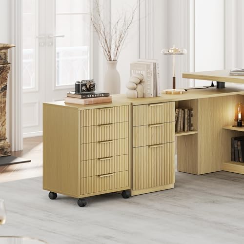 5 Drawer Chest, Under Desk Storage Wood Drawers with Wheels,Fluted File Cabinet for Home Office, Natural Walnut - Image 7