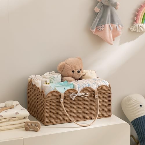 HBlife Baby Diaper Caddy Organizer, Large Portable Scalloped Plastic Wicker Woven Basket with Divider, Nursery Diaper Station, Baby Shower Gifts Basket, Car Organizer, Washable Waterproof - Image 3