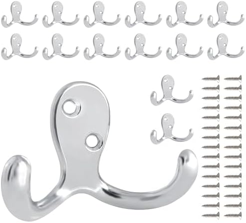 15 Pack Coat Hooks Wall Hooks for Hanging, Heavy Duty Double Prong Metal Hook Wall Mounted for Living Room, Bathroom, Kitchen, Bedroom for Coat, Bag, Scarf, Towel, Hat, Key, Cup (Silver) by CBWLWJ