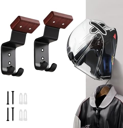 Motorcycle Helmet Holder Wall Mount - Heavy Duty Helmet Hanger Rack with 2 Key Hooks, Solid Wood & Strong Steel Design for Bike, Football, Skiing Sports Gear, Jackets & Hats (2) by Unknown